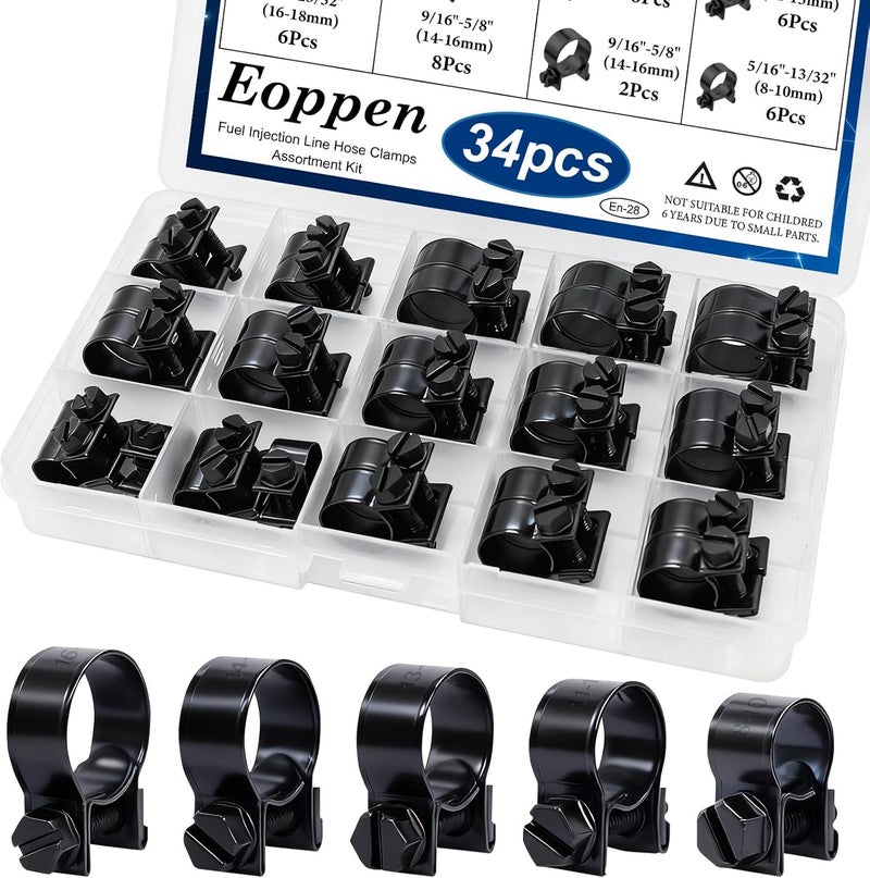 Eoppen 34Pcs 5 Sizes 8-18mm Fuel Line Clamp Assortment Kit, 1/4Inch 5/16Inch 3/8Inch Black Fuel Injection Gas Line Hose Clamps for Diesel Petrol Pipe - Image 1